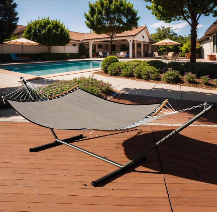 14 FT Double Hammock with Curved-Bar Bamboo, Outside Quick Dry Two Person Hammock with Olefin Fabric,Comfortable, Weather-Resistant,450 lbs Capacity, Mocha