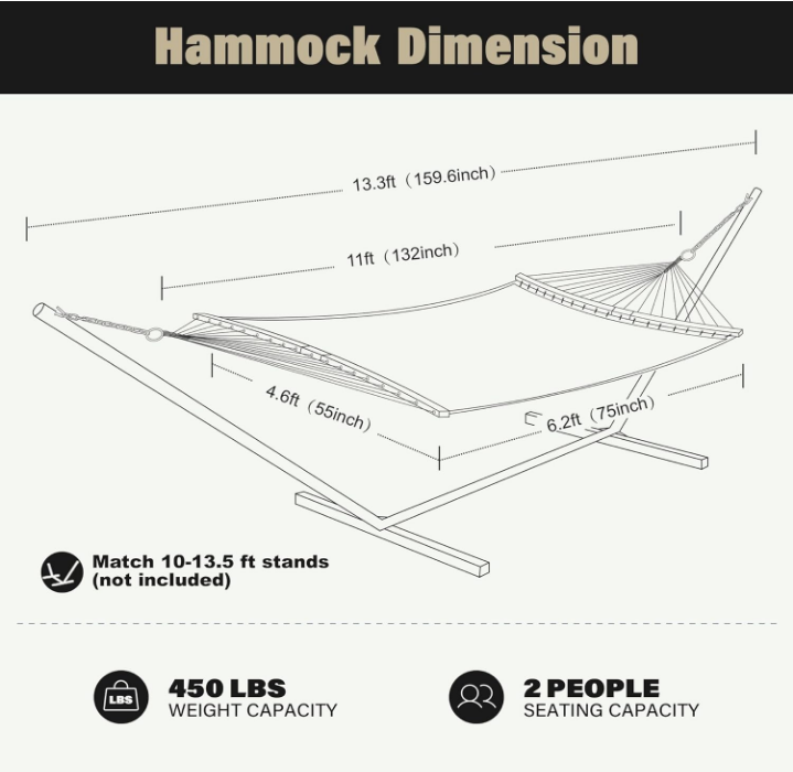 14 FT Double Hammock with Curved-Bar Bamboo, Outside Quick Dry Two Person Hammock with Olefin Fabric,Comfortable, Weather-Resistant,450 lbs Capacity, Mocha