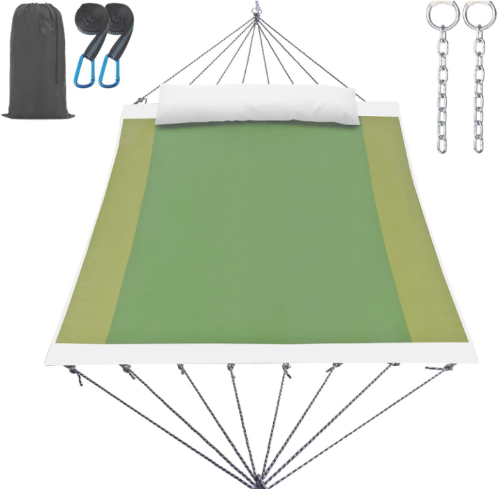14ft Two Person Outdoor Hammock, Portable Camping with Folding Steel Spreader Bar, Carrying Bag, Carabiners, Tree Straps, Pillow, Quick Dry Textilene Fabric, 550 lbs Capacity (Jungle Green)