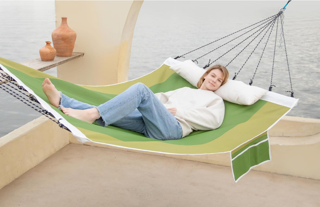 14ft Two Person Outdoor Hammock, Portable Camping with Folding Steel Spreader Bar, Carrying Bag, Carabiners, Tree Straps, Pillow, Quick Dry Textilene Fabric, 550 lbs Capacity (Jungle Green)
