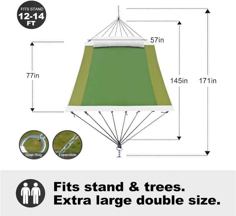 14ft Two Person Outdoor Hammock, Portable Camping with Folding Steel Spreader Bar, Carrying Bag, Carabiners, Tree Straps, Pillow, Quick Dry Textilene Fabric, 550 lbs Capacity (Jungle Green)