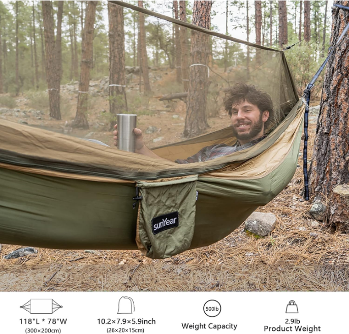 Hammock Camping with Rain Fly Tarp and Net, Portable Camping Hammock Double Tree Hammock Outdoor Indoor Backpacking Travel & Survival, 2 Tree Straps,100% Waterproof