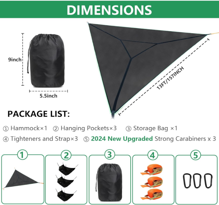 Triangle Hammock, 13ft Triangle Camping Hammock Max 800 lbs for 2-6 Adult Kid, Multi Person Tree Hammock with 3 Ratchet Tie Down Straps & Net Pocket, Portable Outdoor Travel (157''/400cm)