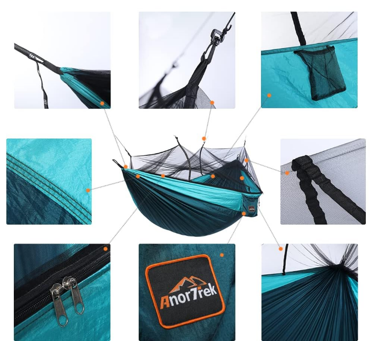 Camping Hammock with Mosquito Net, Double & Single Lightweight Portable Hammocks with Tree Straps, Parachute Hammock for Camping, Backpacking, Traveling & Hiking