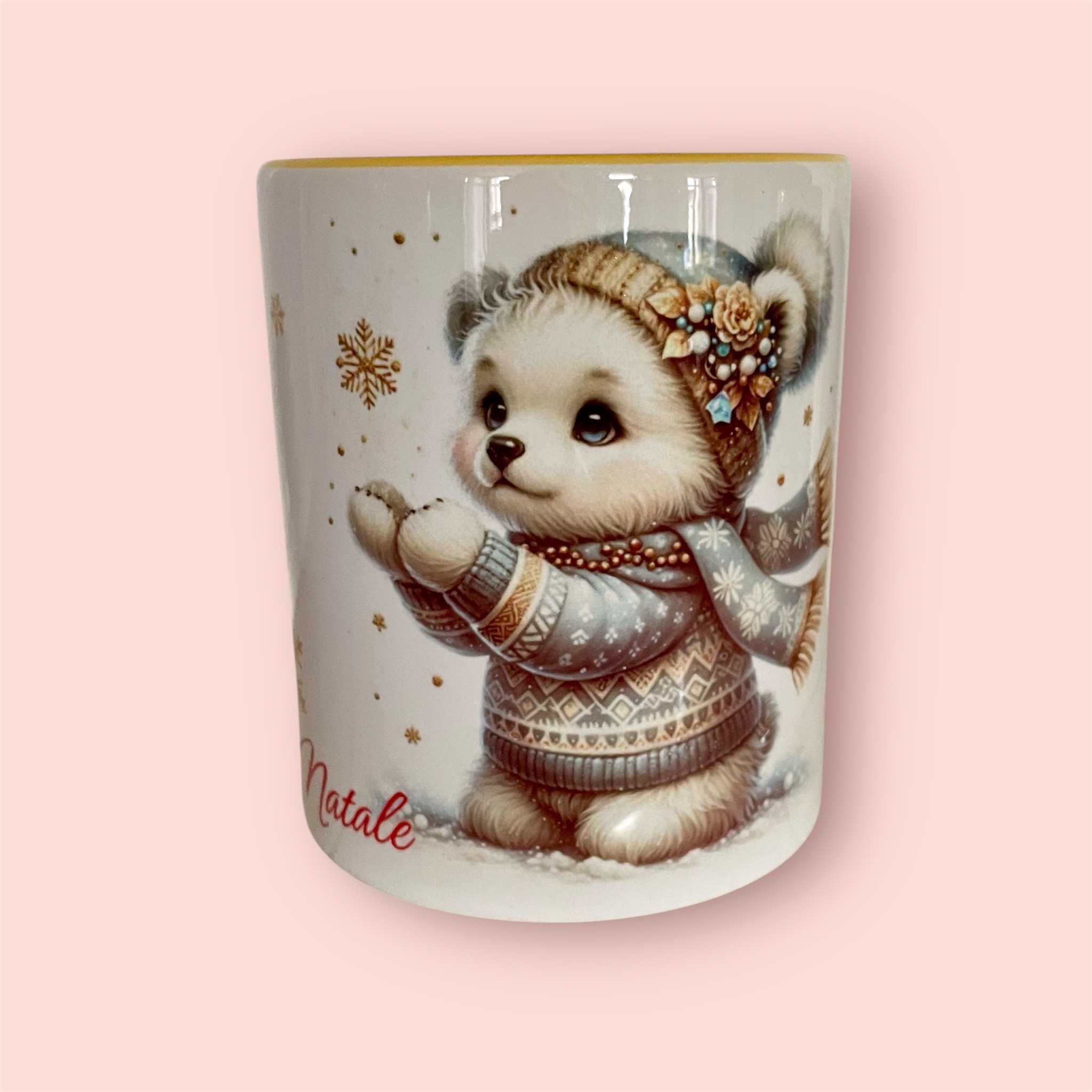 Tazza in ceramica con stampa sublimatica Orsetto Buon Natale interno giallo
