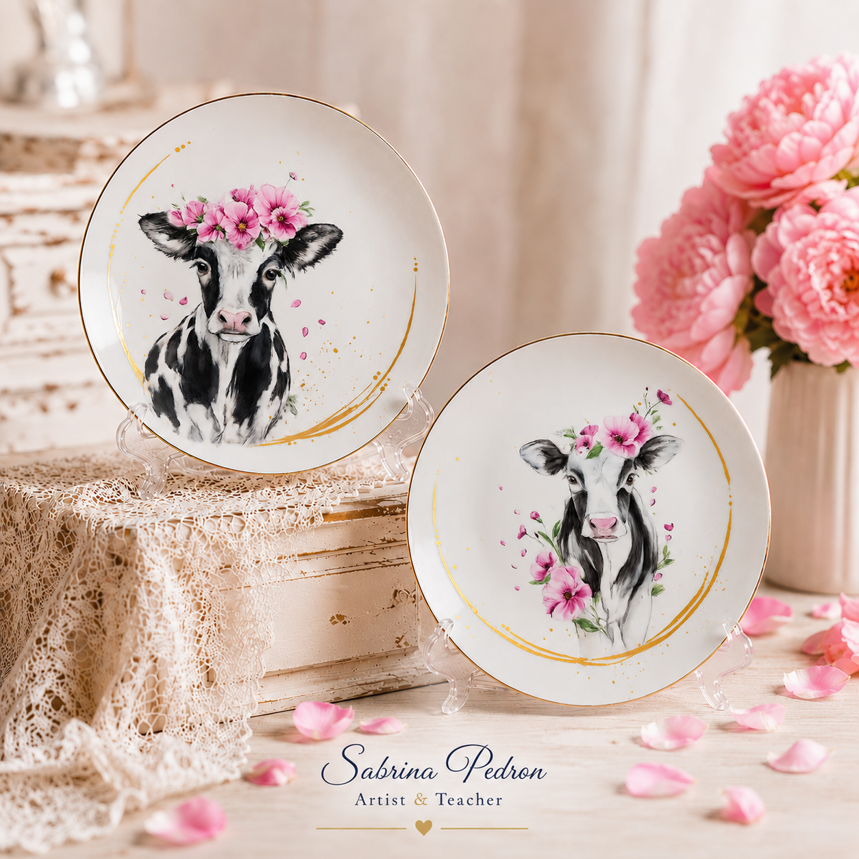 cows with pink flowers