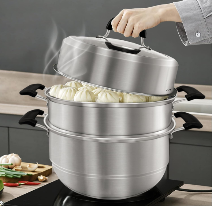 Steamer Pot for Cooking 11 inch Steam Pots with Lid 2-tier Multipurpose Stainless Steel Steaming Pot Cookware with Handle for Vegetable, Dumpling, Stock, Sauce, Food