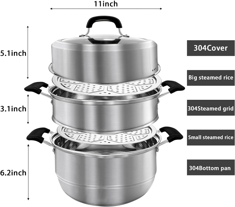 Steamer Pot for Cooking 11 inch Steam Pots with Lid 2-tier Multipurpose Stainless Steel Steaming Pot Cookware with Handle for Vegetable, Dumpling, Stock, Sauce, Food