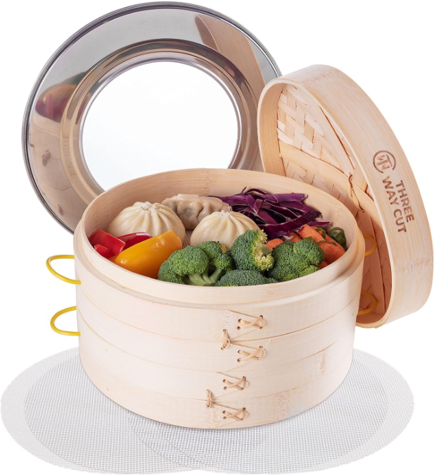 Steamer 10 Inch 2 Tier Wooden Basket With Handle, Ring Adapter, Reusable Silicone Liner, Kit For Cooking Dumpling Baby Bao Bun, Dim Sum, Rice Potsticker Steaming Chinese Asian Food & Vegetables