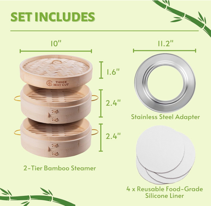 Steamer 10 Inch 2 Tier Wooden Basket With Handle, Ring Adapter, Reusable Silicone Liner, Kit For Cooking Dumpling Baby Bao Bun, Dim Sum, Rice Potsticker Steaming Chinese Asian Food & Vegetables