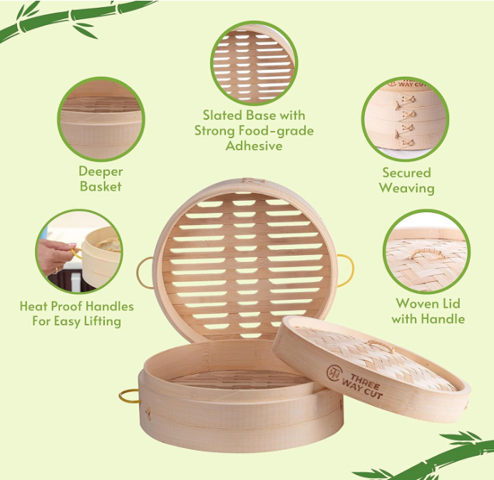 Steamer 10 Inch 2 Tier Wooden Basket With Handle, Ring Adapter, Reusable Silicone Liner, Kit For Cooking Dumpling Baby Bao Bun, Dim Sum, Rice Potsticker Steaming Chinese Asian Food & Vegetables