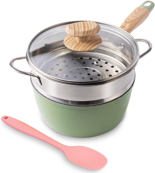 2.5 Quart Green Nonstick Saucepan with Steamer, Bakelite Handle | Pour Spout, Compatible with All Stovetops (Gas, Electric & Induction), Green