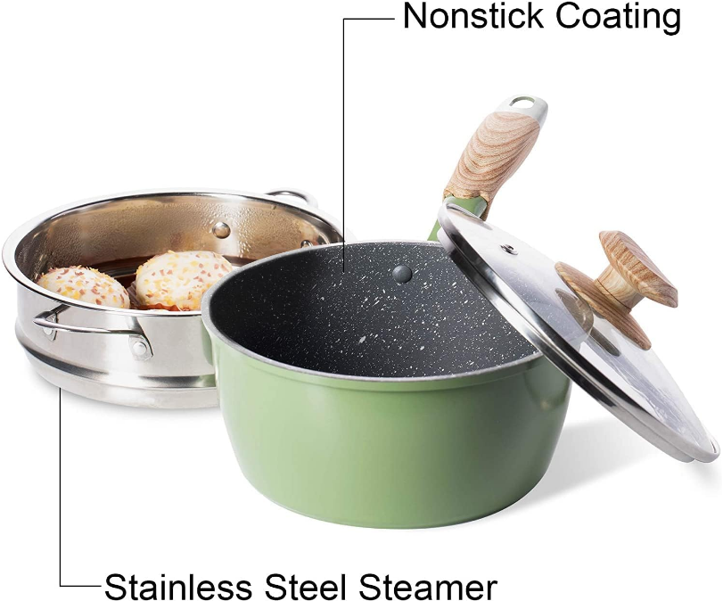 2.5 Quart Green Nonstick Saucepan with Steamer, Bakelite Handle | Pour Spout, Compatible with All Stovetops (Gas, Electric & Induction), Green