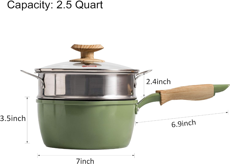 2.5 Quart Green Nonstick Saucepan with Steamer, Bakelite Handle | Pour Spout, Compatible with All Stovetops (Gas, Electric & Induction), Green