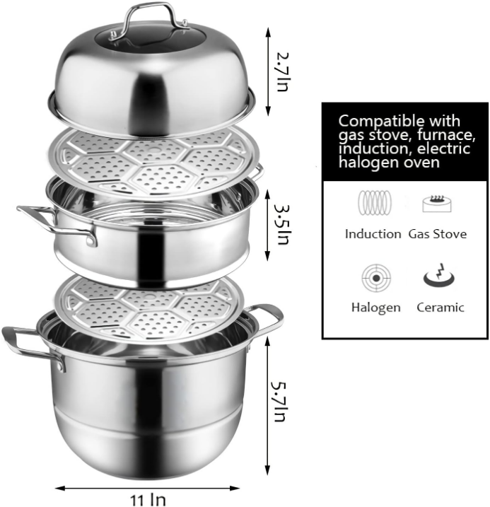 11" Steamer Pot, 3 Tier Stainless Steel Steaming Pot Dim Sum Cookware, Food Vegetable Cooking Pan With Stackable Pan Insert/Lid for Vegetable, Dumpling, Stock, Sauce, Food