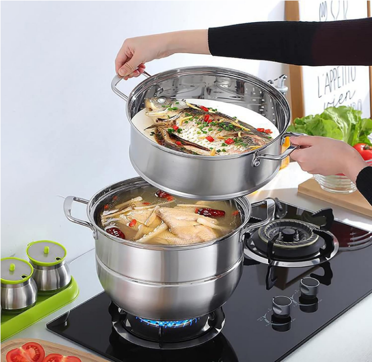 11" Steamer Pot, 3 Tier Stainless Steel Steaming Pot Dim Sum Cookware, Food Vegetable Cooking Pan With Stackable Pan Insert/Lid for Vegetable, Dumpling, Stock, Sauce, Food