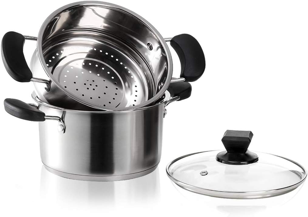 Stainless Steel Steamer Pot with Basket, 1.8 Quart Stock Pot with Glass Lid, Mini Steaming Pot Cookware with Handle, Metal Cooking Steamer for Vegetable, Stews, Pasta, Sauce, Food, Support for