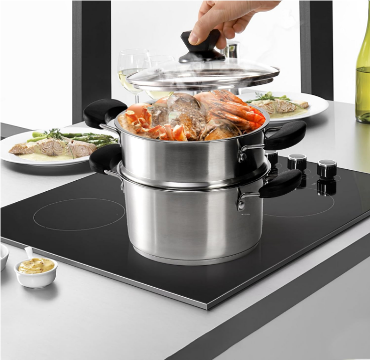 Stainless Steel Steamer Pot with Basket, 1.8 Quart Stock Pot with Glass Lid, Mini Steaming Pot Cookware with Handle, Metal Cooking Steamer for Vegetable, Stews, Pasta, Sauce, Food, Support for