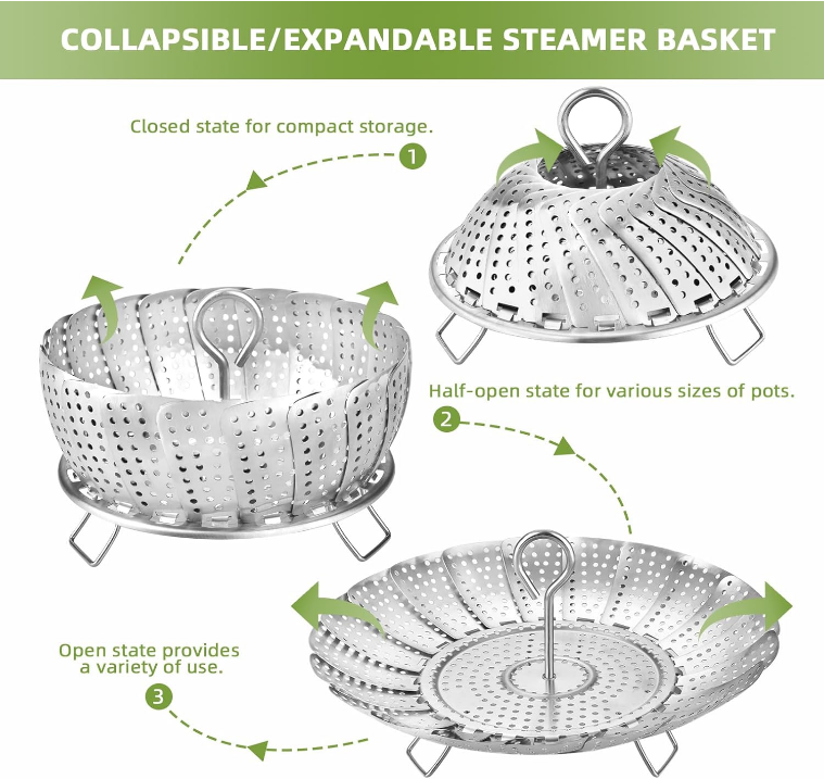 Vegetable Steamer Basket for Veggies & Seafood Cooking, Expandable Food Steaming Basket Fits for Various Size Pots & Pans (6.4" to 10") LAIHIFA