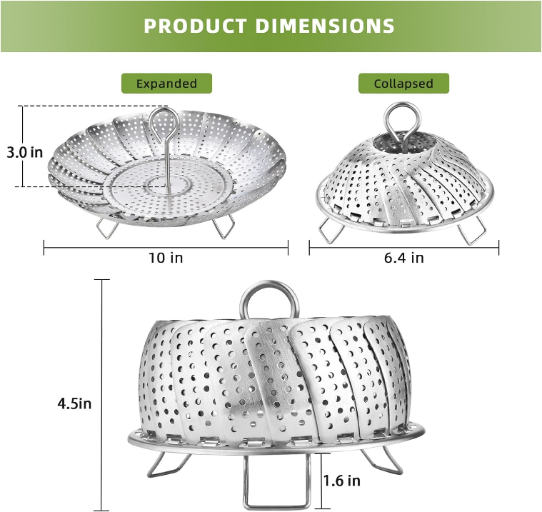 Vegetable Steamer Basket for Veggies & Seafood Cooking, Expandable Food Steaming Basket Fits for Various Size Pots & Pans (6.4" to 10") LAIHIFA