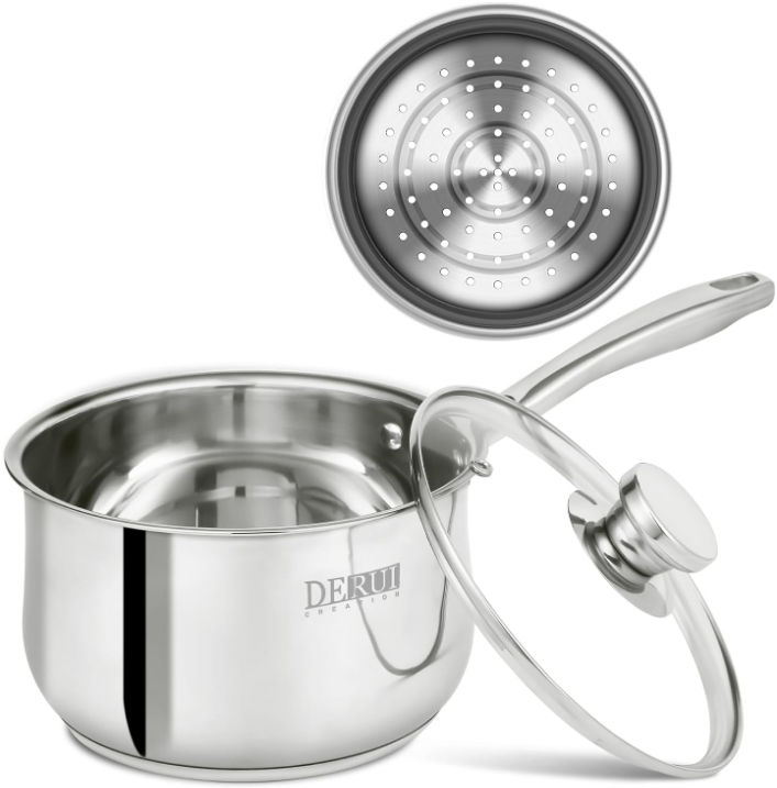 Saucepan,DERUI CREATION 1.5 QT Food Grade 304 Stainless Steel Soup Pot and Steamer Basket,Cooking Pot with Lid (16cm（1.5QT）, Silver)