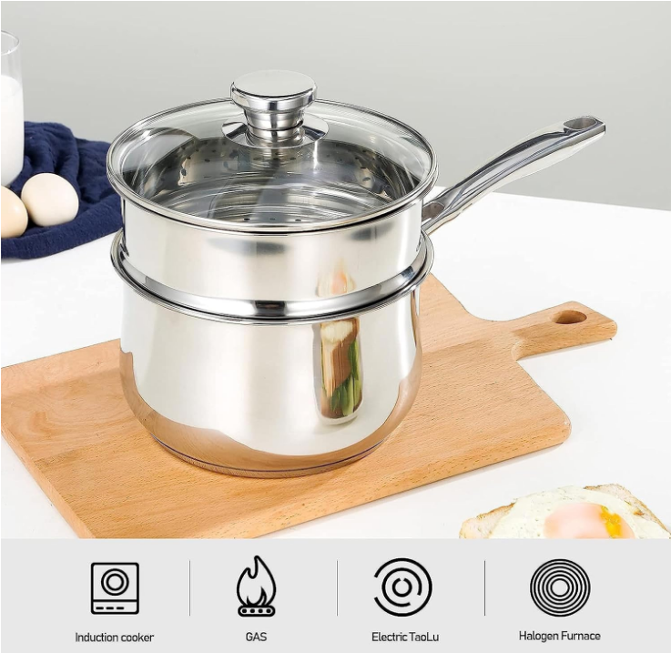 Saucepan,DERUI CREATION 1.5 QT Food Grade 304 Stainless Steel Soup Pot and Steamer Basket,Cooking Pot with Lid (16cm（1.5QT）, Silver)