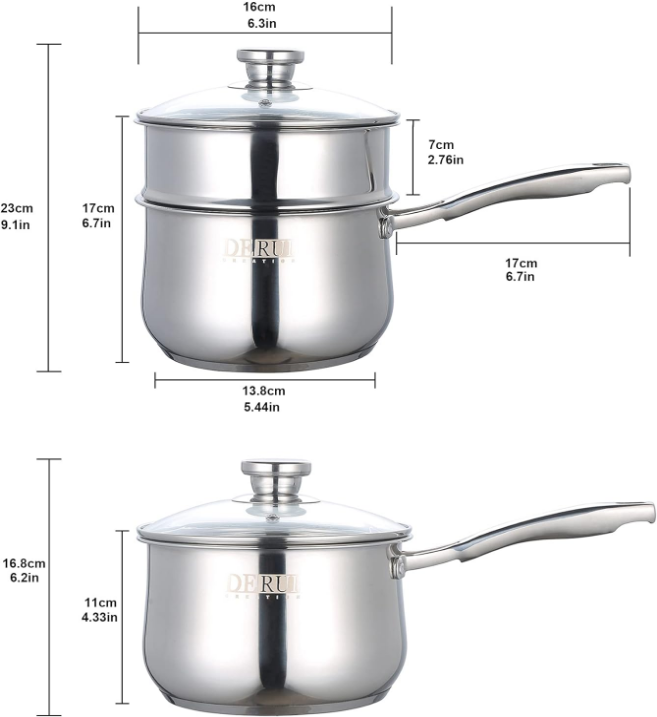 Saucepan,DERUI CREATION 1.5 QT Food Grade 304 Stainless Steel Soup Pot and Steamer Basket,Cooking Pot with Lid (16cm（1.5QT）, Silver)