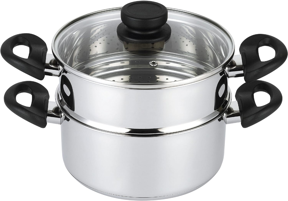 3 Piece Premium Heavy Duty Stainless Steel Steamer Pot Set Includes 3 Quart Cooking Pot, 2 Quart Steamer Insert and Vented Glass Lid | Stack and Steam Pot Set for All Cooking Surfaces