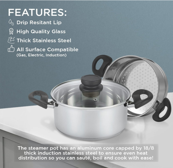 3 Piece Premium Heavy Duty Stainless Steel Steamer Pot Set Includes 3 Quart Cooking Pot, 2 Quart Steamer Insert and Vented Glass Lid | Stack and Steam Pot Set for All Cooking Surfaces