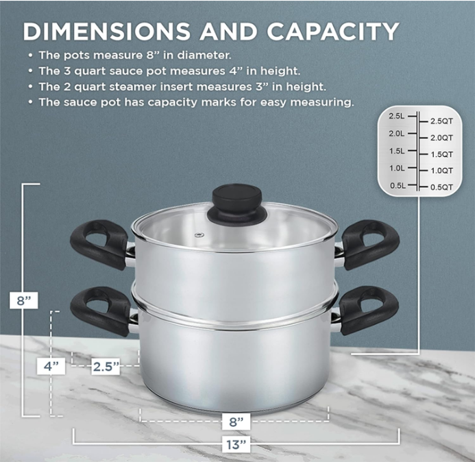 3 Piece Premium Heavy Duty Stainless Steel Steamer Pot Set Includes 3 Quart Cooking Pot, 2 Quart Steamer Insert and Vented Glass Lid | Stack and Steam Pot Set for All Cooking Surfaces