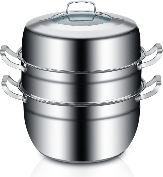 11inch Thick-bottomed Stainless Steel Steamer Pot 2 Tier Food Steamer for Cooking Multipurpose Cookware with Tempered Glass Lid for Vegetable, tamale,Dumpling, egg, Sauce, Food Ideal for 4-6 person