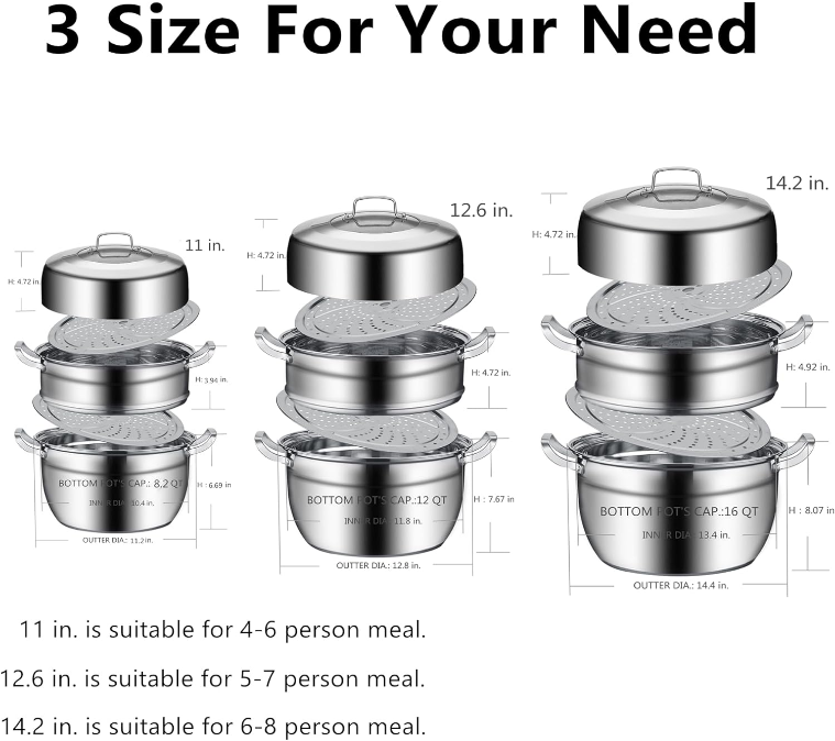 11inch Thick-bottomed Stainless Steel Steamer Pot 2 Tier Food Steamer for Cooking Multipurpose Cookware with Tempered Glass Lid for Vegetable, tamale,Dumpling, egg, Sauce, Food Ideal for 4-6 person