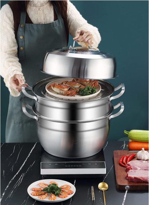 11inch Thick-bottomed Stainless Steel Steamer Pot 2 Tier Food Steamer for Cooking Multipurpose Cookware with Tempered Glass Lid for Vegetable, tamale,Dumpling, egg, Sauce, Food Ideal for 4-6 person