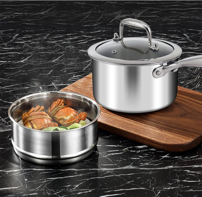 1.5 Quart Stainless Steel Pot, Vegetable Steamer for induction stove, Small Steamer Pot Tri-ply, Steamer Pot with Holes Lid, Small Saucepan for Pasta/Noodles/Sauce