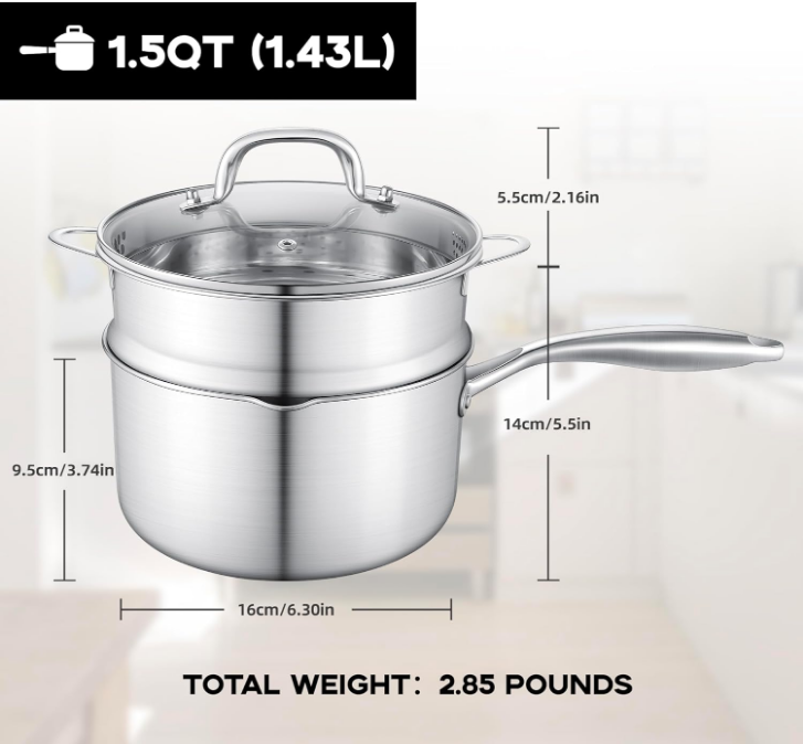 1.5 Quart Stainless Steel Saucepan with Steamer Basket, Tri-ply Construction, Multipurpose Sauce Pan with Double-sized Drainage Lid - Perfect for Cooking Gravies, Pasta, Vegetable and More