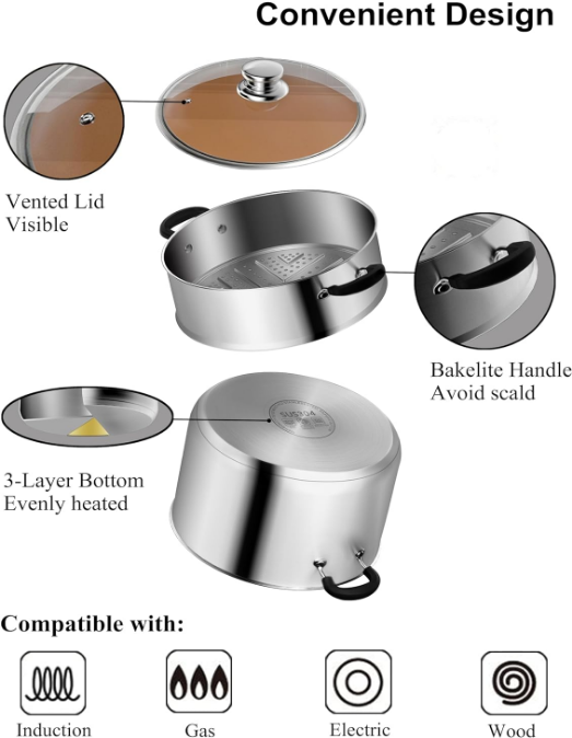Induction Steamer Pot for Cooking, Vegetable Steamer, Stainless Steel Steamer, 9.4 Inch