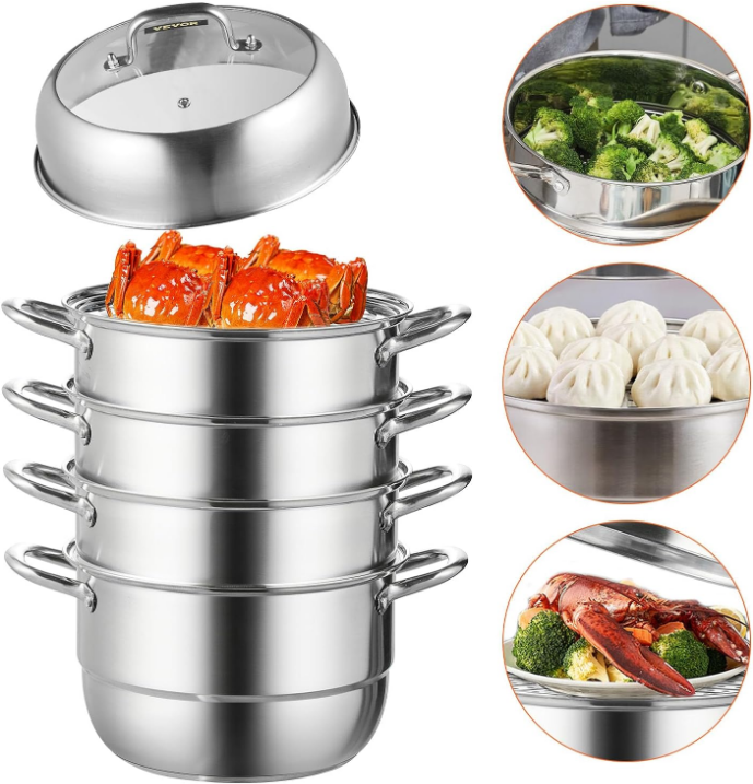 Steamer Pot 11.8in/30cm, 5 Tier Steamer Pot for Cooking with 10QT Stock Pot, 3 Vegetable Steamers & 2 Steaming Trays, Food-Grade 304 Stainless Steel Food Steamer Cookware for Gas Electric Stove