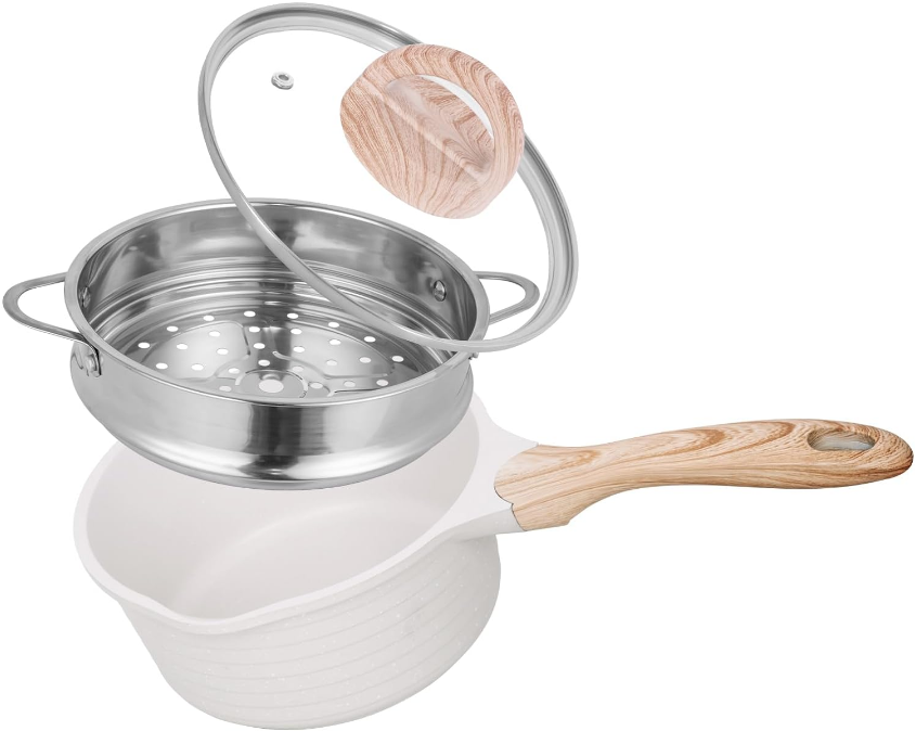 1.5 Quart Saucepan with Steamer Basket, Small Sauce Pot with Lid，Nonstick Coating with Pour Spout,Induction Compatible Cookware Sauce Pan for Cooking, PFOA/PFOS Free