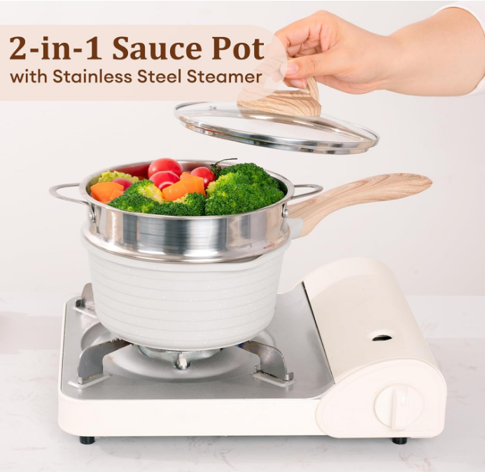 1.5 Quart Saucepan with Steamer Basket, Small Sauce Pot with Lid，Nonstick Coating with Pour Spout,Induction Compatible Cookware Sauce Pan for Cooking, PFOA/PFOS Free