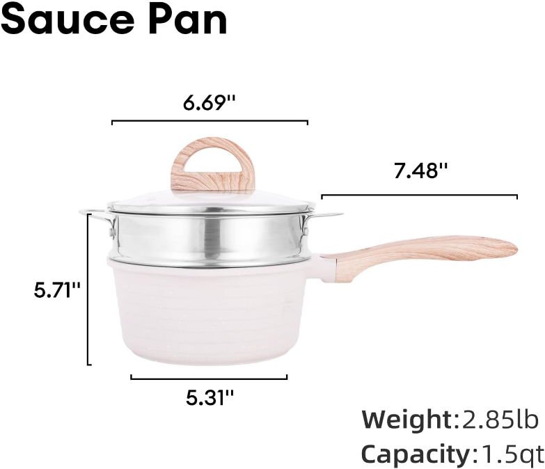 1.5 Quart Saucepan with Steamer Basket, Small Sauce Pot with Lid，Nonstick Coating with Pour Spout,Induction Compatible Cookware Sauce Pan for Cooking, PFOA/PFOS Free