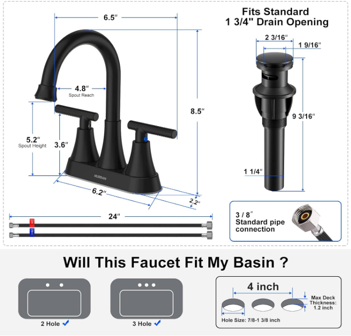 Bathroom Faucets for Sink 3 Hole, Hurran 4 inch Matte Black with Pop-up Drain and 2 Supply Hoses, Stainless Steel Lead-Free 2-Handle Centerset Faucet for Sink Vanity