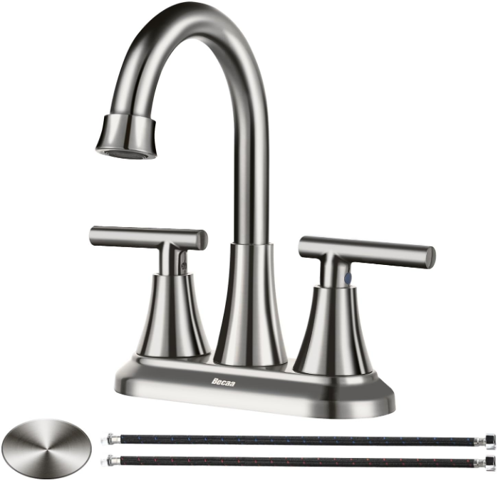 4 Inch Bathroom Faucets for Sink 3 Hole, Faucet for Bathroom Sink with Pop-up Drain & Supply Hoses, 2-Handle 360 Swivel Spout Stainless Steel Lead-Free, Centerset Faucet for Bathroom Vanity Lavatory