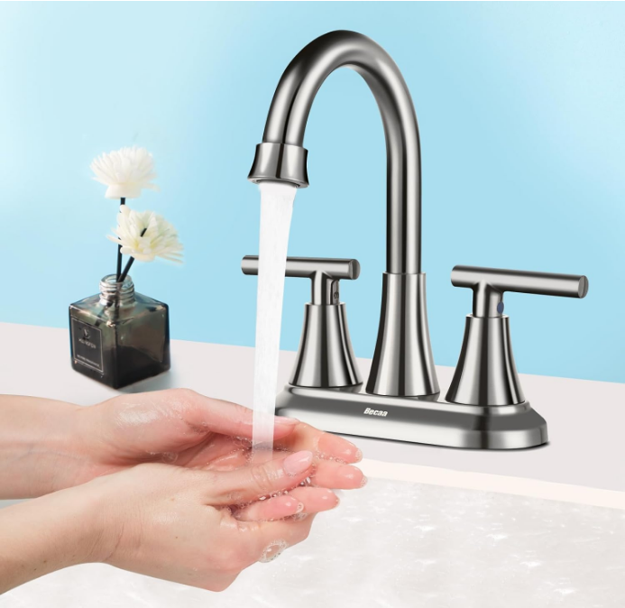 4 Inch Bathroom Faucets for Sink 3 Hole, Faucet for Bathroom Sink with Pop-up Drain & Supply Hoses, 2-Handle 360 Swivel Spout Stainless Steel Lead-Free, Centerset Faucet for Bathroom Vanity Lavatory