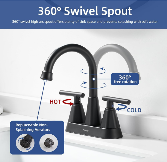Bathroom Sink Faucet, Matte Black 4 Inch Bathroom Faucets for Sink 3 Hole with Pop Up Drain and Water Supply Lines, 360 Swivel Spout 2 Handle Faucet for Bathroom Sink
