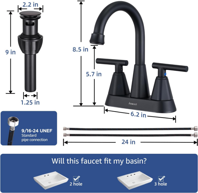 Bathroom Sink Faucet, Matte Black 4 Inch Bathroom Faucets for Sink 3 Hole with Pop Up Drain and Water Supply Lines, 360 Swivel Spout 2 Handle Faucet for Bathroom Sink