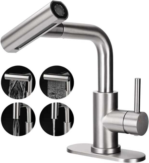 Bathroom Sink Faucet with Pull Down Sprayer, 4 Mode Brushed Nickel Bathroom Faucet, Single Handle Tall Bathroom Faucet 1 or 3 Hole with Pop-up Drain & Deck Mount Plate
