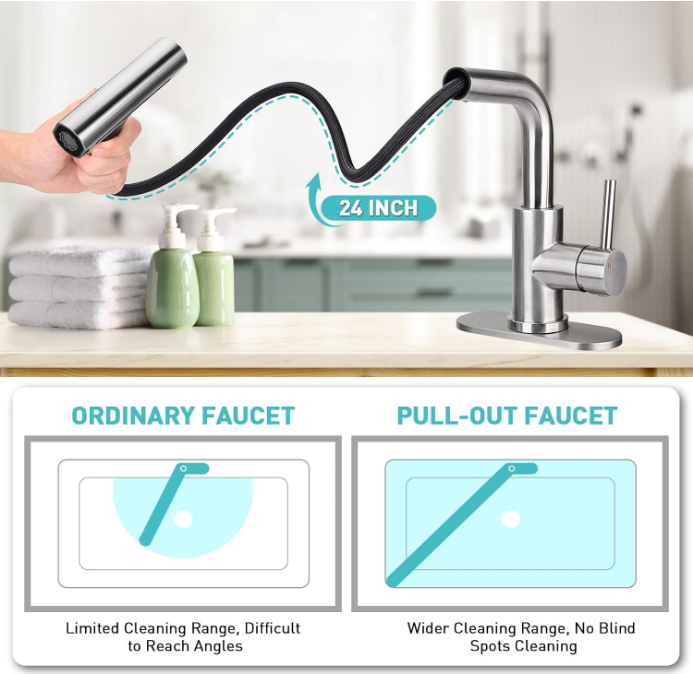 Bathroom Sink Faucet with Pull Down Sprayer, 4 Mode Brushed Nickel Bathroom Faucet, Single Handle Tall Bathroom Faucet 1 or 3 Hole with Pop-up Drain & Deck Mount Plate