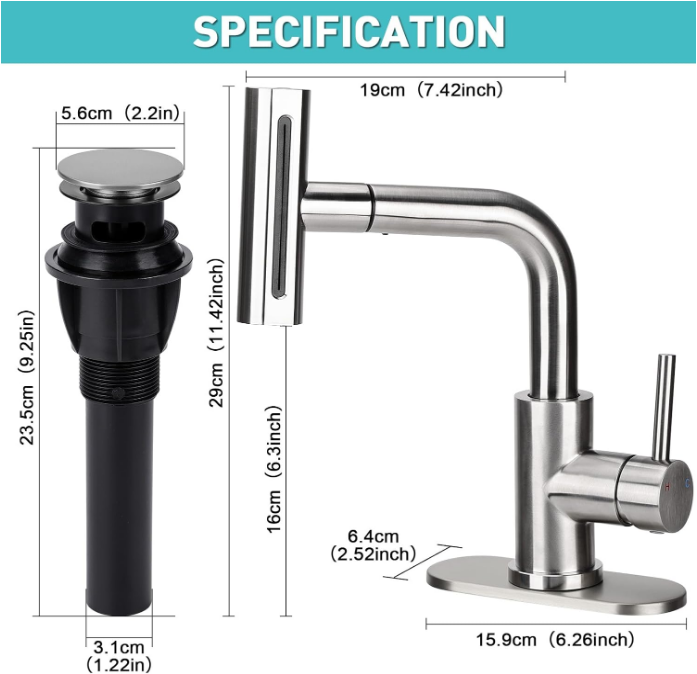 Bathroom Sink Faucet with Pull Down Sprayer, 4 Mode Brushed Nickel Bathroom Faucet, Single Handle Tall Bathroom Faucet 1 or 3 Hole with Pop-up Drain & Deck Mount Plate