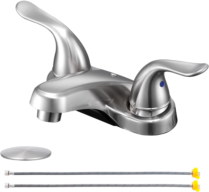 Bathroom Sink Faucet Dual Handles 4" Centerset Bathroom Faucet with Pop-up Drain Stopper, Plating Over ABS Plastic Non-Metallic Basin faucets with Supply Hose- Brushed Nickel Finish