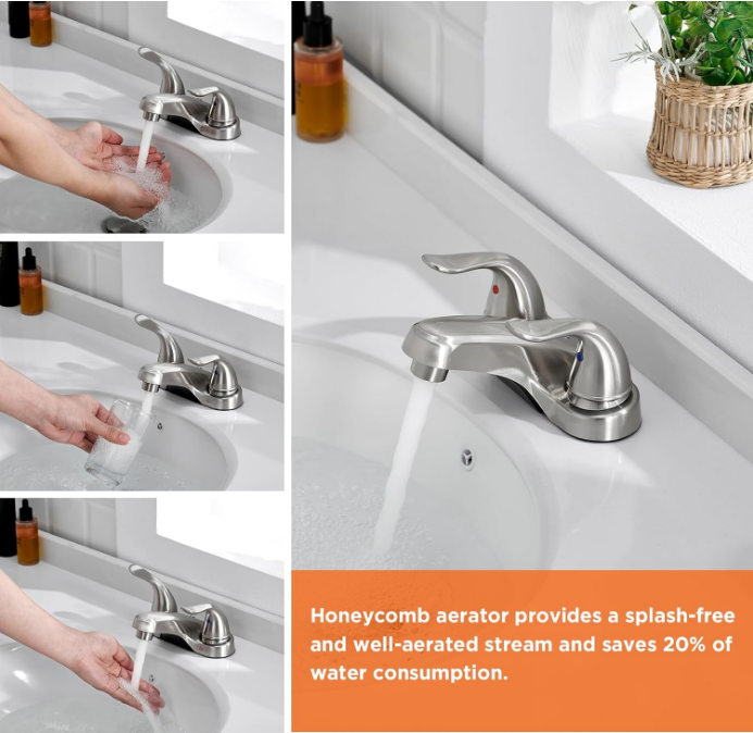 Bathroom Sink Faucet Dual Handles 4" Centerset Bathroom Faucet with Pop-up Drain Stopper, Plating Over ABS Plastic Non-Metallic Basin faucets with Supply Hose- Brushed Nickel Finish